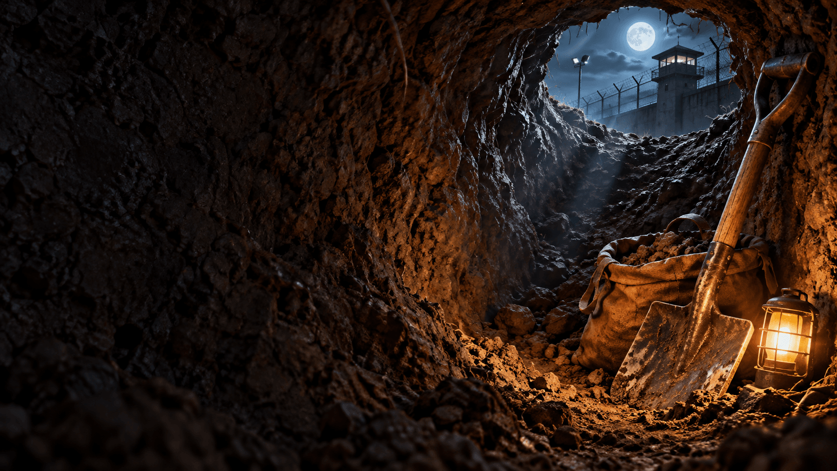 Promotional concept artwork of a shovel and dirt sack in a secret tunnel beneath a prison perimeter.