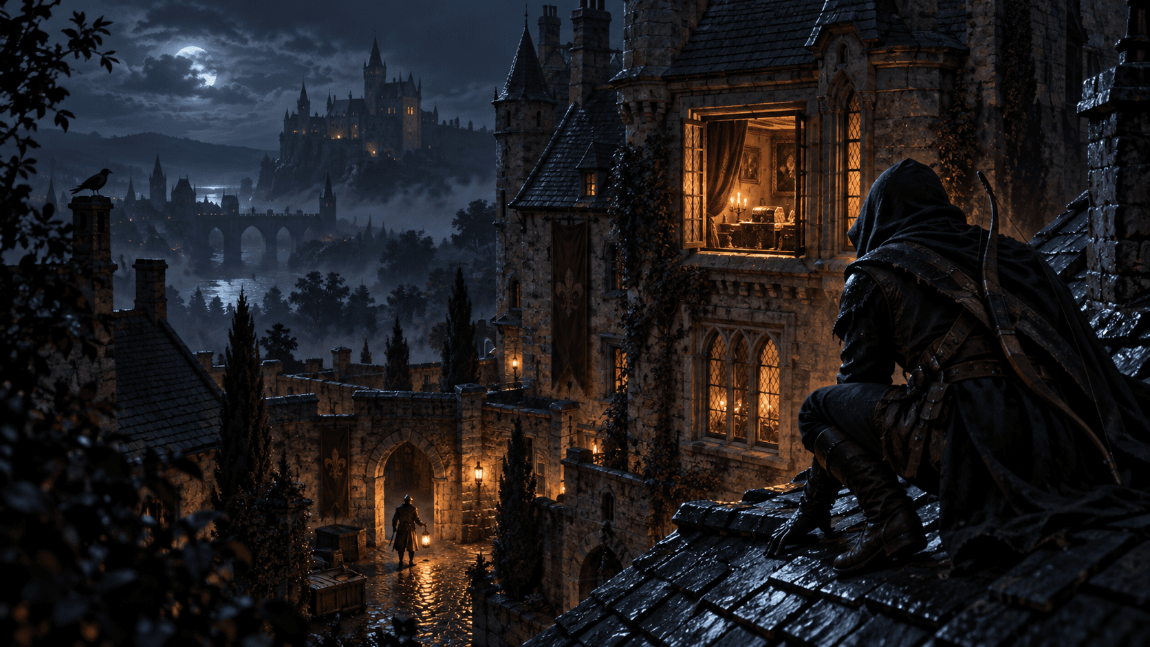 Promotional concept artwork of a hooded thief overlooking a lantern-lit medieval courtyard.