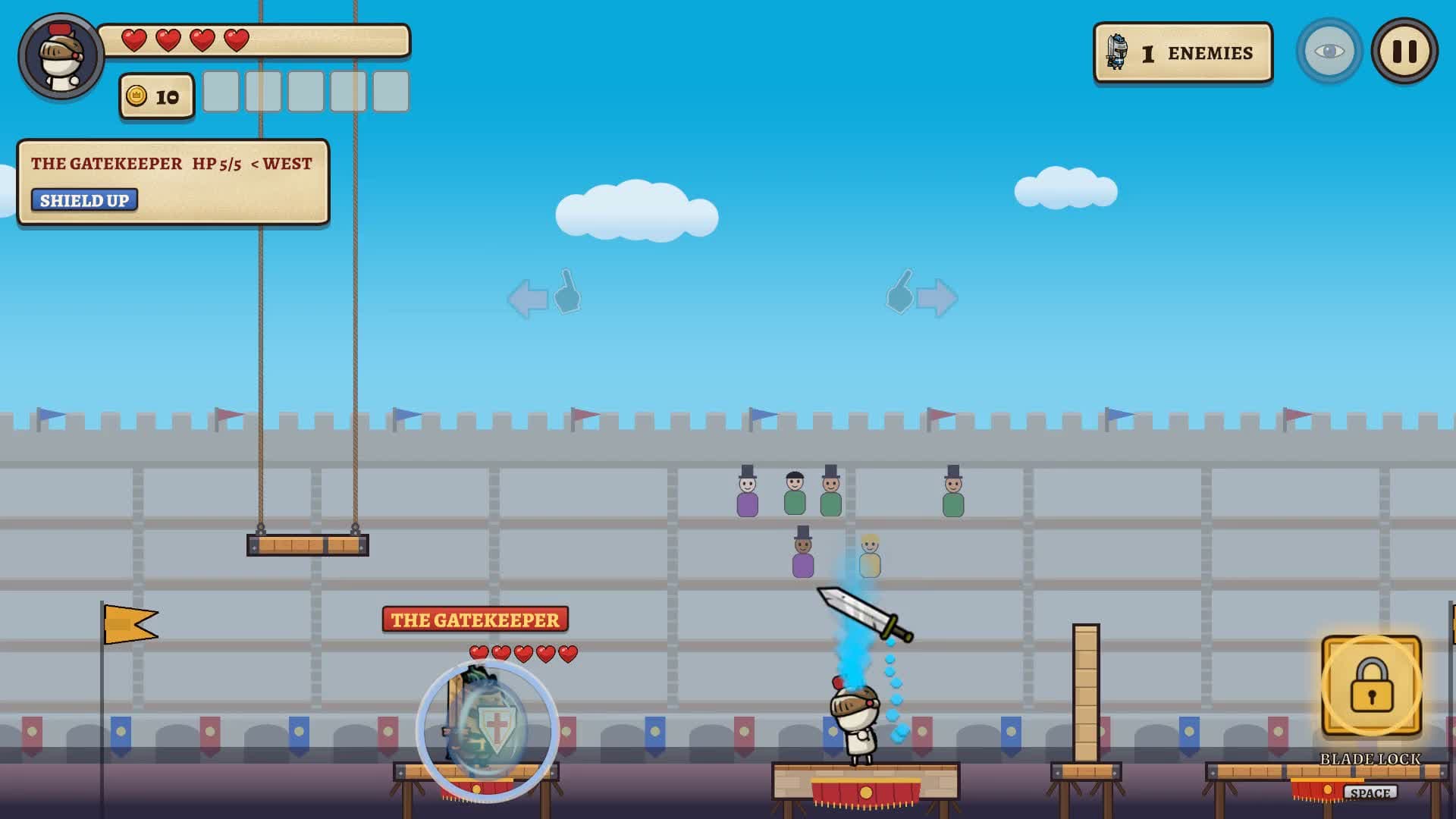A knight tosses a sword towards the shielded Gatekeeper in a castle stadium.