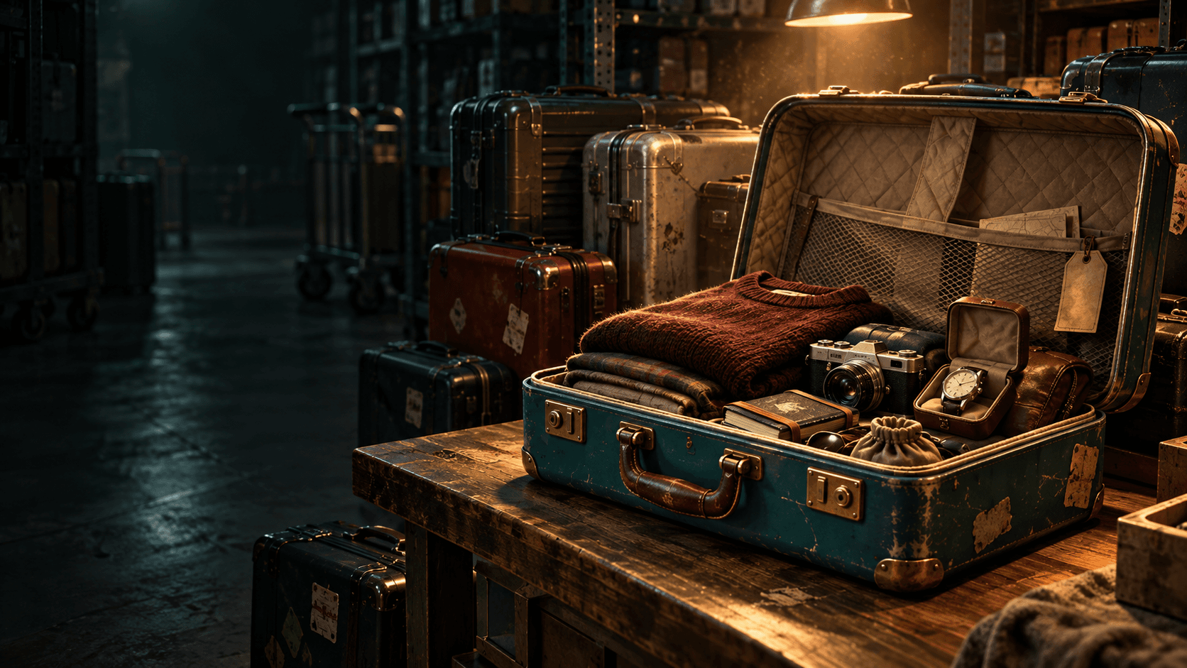 Promotional concept artwork of an open suitcase with travel belongings in a warmly lit luggage storeroom.