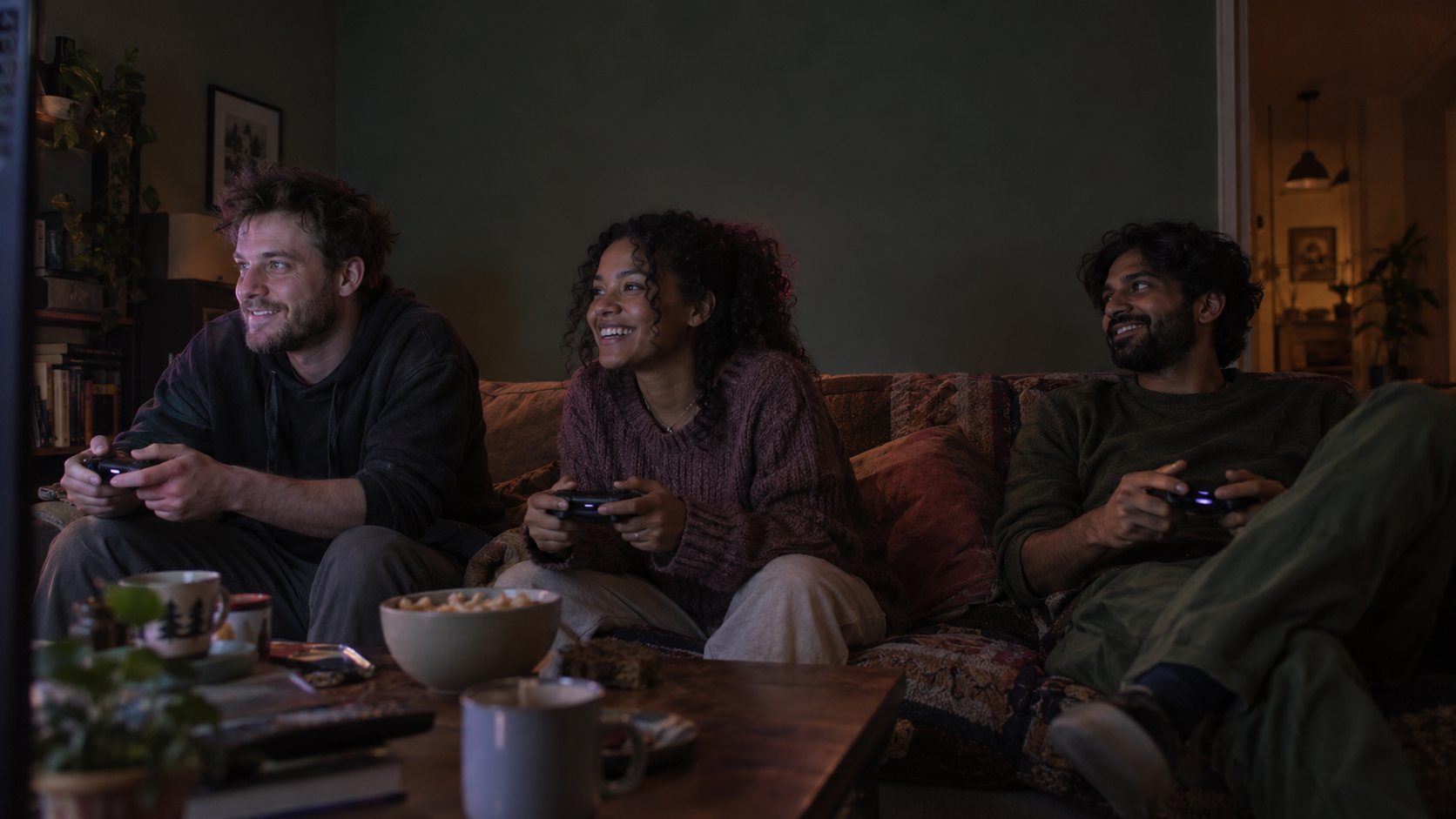 Three friends playing games together on a couch, with soft bubbles rising from their hair.