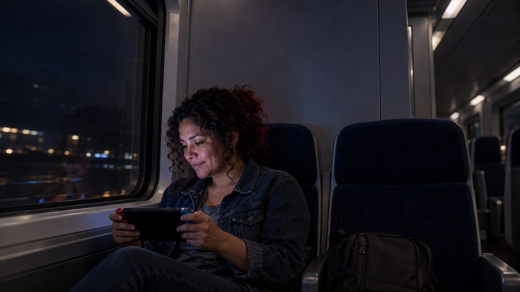 A woman playing a handheld game on a night train, soft pink bubbles rising from her curls and lighting the carriage wall.